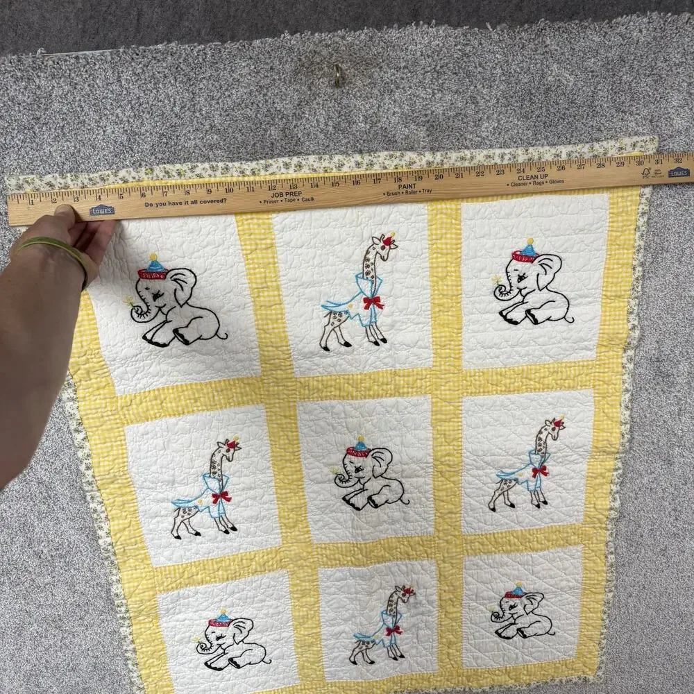 Vtg 1970s Handmade Baby Crib Quilt Embroidered Elephant Giraffe Yellow Gingham